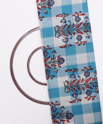 blue and white checks floral print cotton fabric